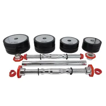 Barbell and Dumbbell Kit with 27 Kg Discs | Rubberized Weights | Fitness - Full View